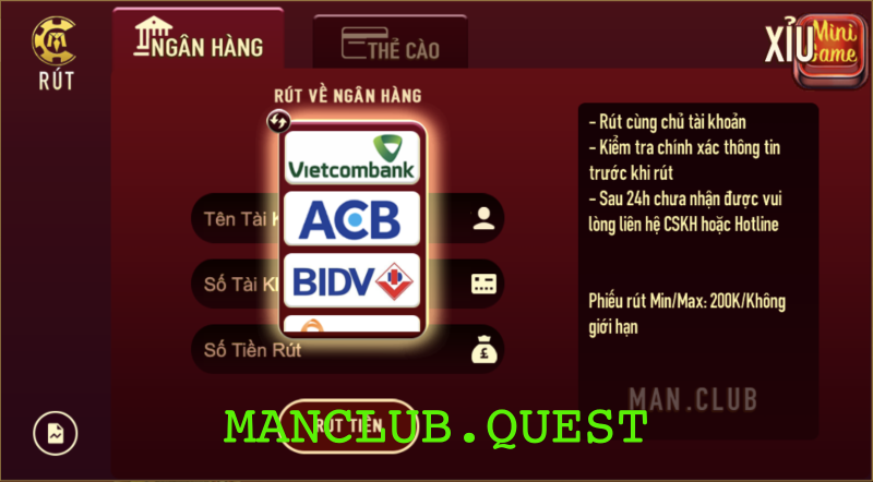 Rút tiền Man Club thông qua ngân hàng trực tuyến